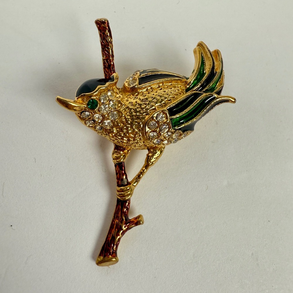 Vintage sphinx Bird Brooch pin Gold tone enamel Rhinestone A2761 bird o a branch